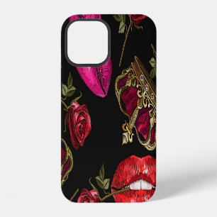 Stickerei-Lippen, Rosen, Kronen nahtloses Muster. iPhone 12 Hülle