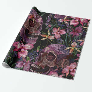 Stickerei menschlicher Schädel und rosa Orchideenb Geschenkpapier