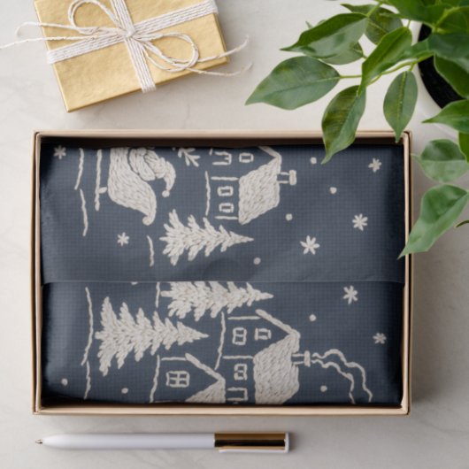 Stickerei Weihnachten Schnee Village Szene Blau We Seidenpapier (Geschenk)