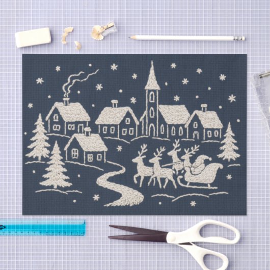 Stickerei Weihnachten Schnee Village Szene Blau We Seidenpapier (Handwerk)