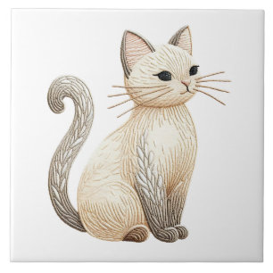 Stickereien Beige Kitty Boho Cat Keramik Tile Fliese
