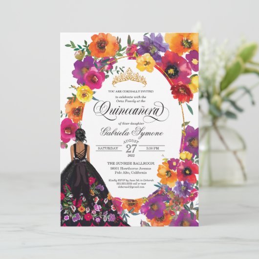 Stickereien Blume Aquarellfarben Quinceañera I Einladung (Stehend Vorderseite)