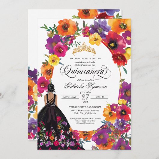 Stickereien Blume Aquarellfarben Quinceañera I Einladung (Vorne/Hinten)