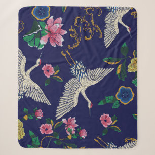 Stickereien mit Kranichen und Blumen, vintage naht Sherpadecke