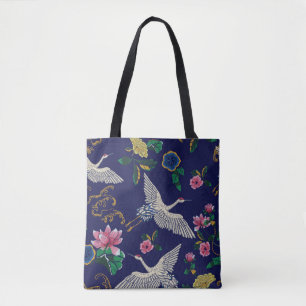 Stickereien mit Kranichen und Blumen, vintage naht Tasche