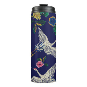 Stickereien mit Kranichen und Blumen, vintage naht Thermosbecher