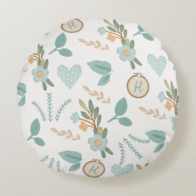 Stickereien von Blume Design Crafters Blue Monogra Rundes Kissen (Vorderseite)