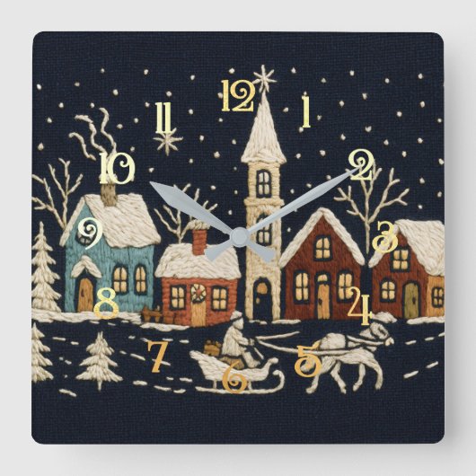 Stickereien Weihnachten Snowy Village Scene Blue Quadratische Wanduhr (Vorderseite)