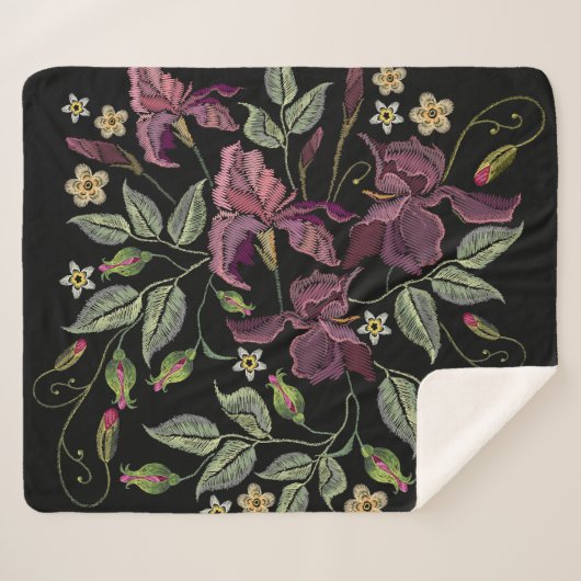 Stickereier Lila Irisschwarzer Hintergrund. Sherpadecke (Vorderseite (Horizontal))