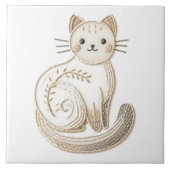 Stickereikunst neutraler Boho Kitty Cat Art Fliese (Vorderseite)