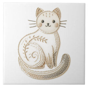 Stickereikunst neutraler Boho Kitty Cat Art Fliese