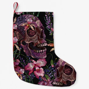 Stickereiskull und rosa orchid-Blume Kleiner Weihnachtsstrumpf