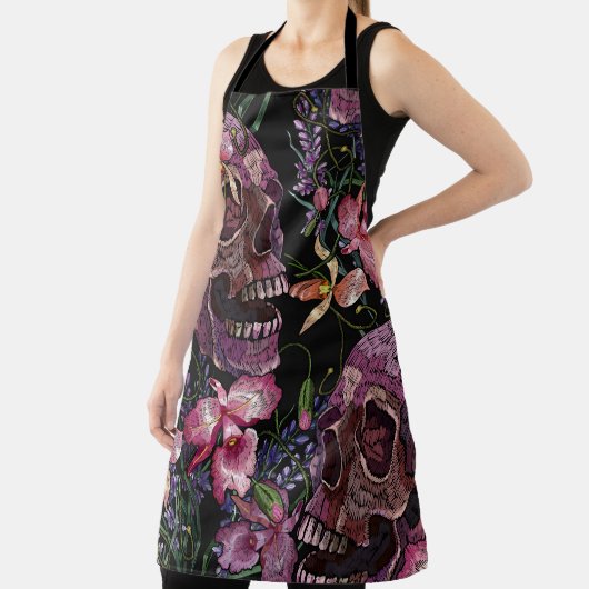 Stickereiskull und rosa orchid-Blume Schürze (InSitu)