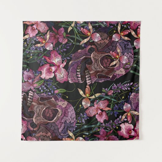 Stickereiskull und rosa orchid-Blume Wandteppich (Vorderseite (Horizontal))