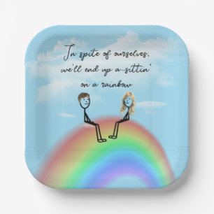 Stickfiguren-Paar auf einem Regenbogen Pappteller