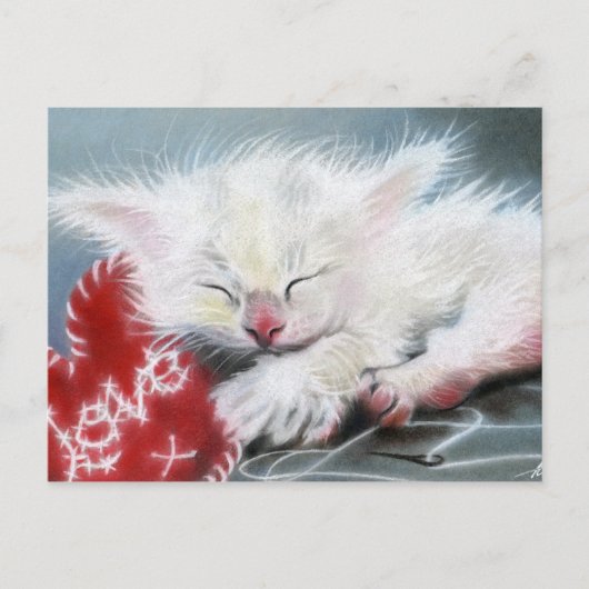 Stickt mit Liebe, weißes Kätzchen, Postkarte (Vorderseite)