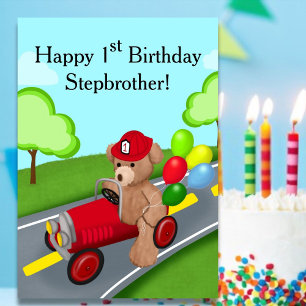 Stiefbruder 1. Geburtstag Teddybär Feuerwehrwagen Karte