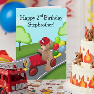Stiefbruder 2. Geburtstag Teddybär Feuerwehrwagen Karte