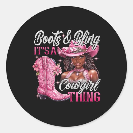 Stiefel & Amp; Bling sein Cowgirl, das rosa schwar Runder Aufkleber (Vorderseite)
