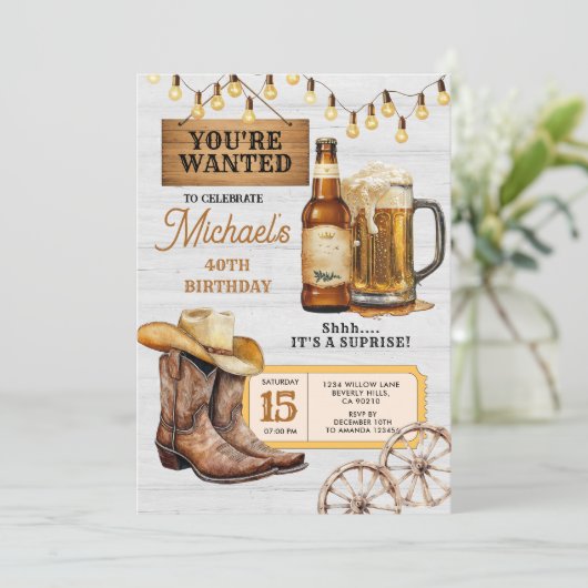 Stiefel & Bier Überraschung Erwachsene 40. Geburts Einladung (Stehend Vorderseite)