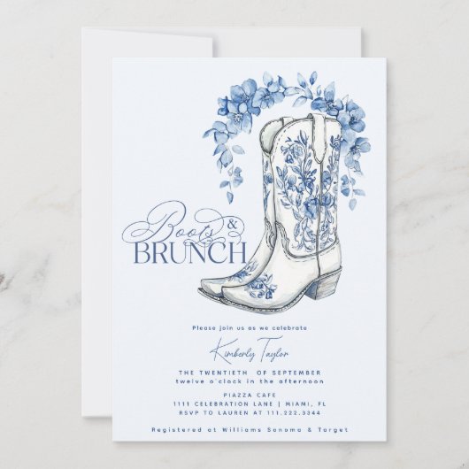 Stiefel & Brunch Dusty Blue Floral Brautparty Einladung (Vorderseite)