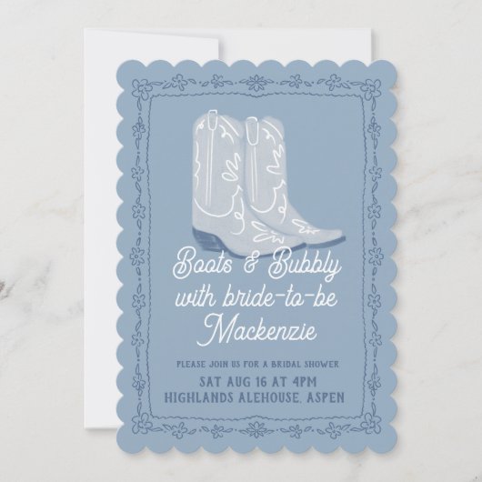 Stiefel & Bubbly Blue Cowboy Brautparty Einladung (Vorderseite)