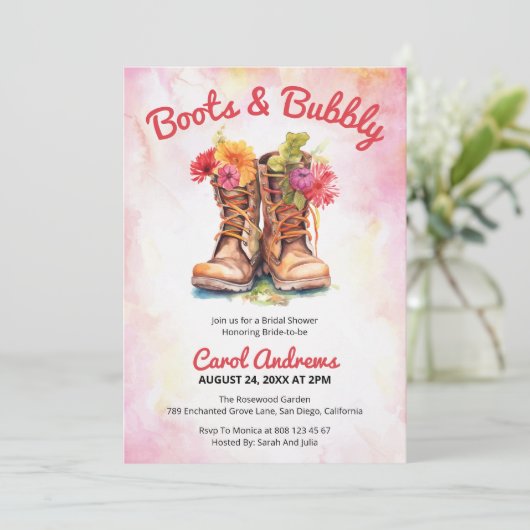 Stiefel & Bubbly Brautparty Einladung (Stehend Vorderseite)