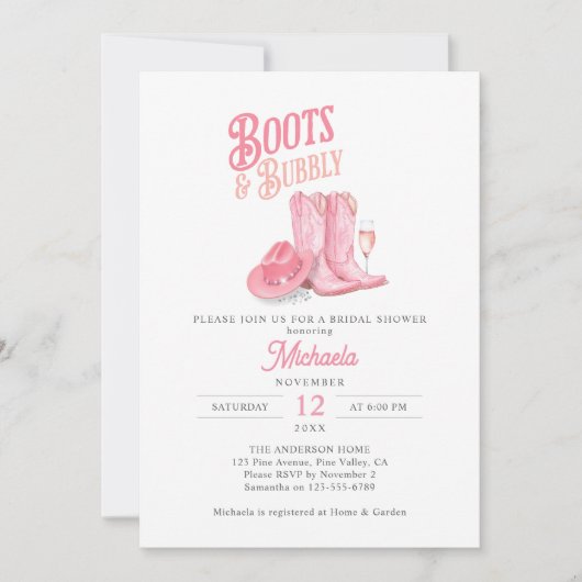 Stiefel & Bubbly Pink Western Cowgirl Brautparty Einladung (Vorderseite)