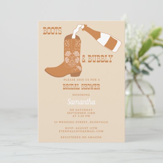 Stiefel Bubbly Rustic Western Country Brautparty Einladung (Stehend Vorderseite)