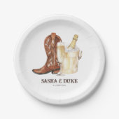 Stiefel & Bubbly Rustikales Western Brautparty Pappteller (Vorderseite)