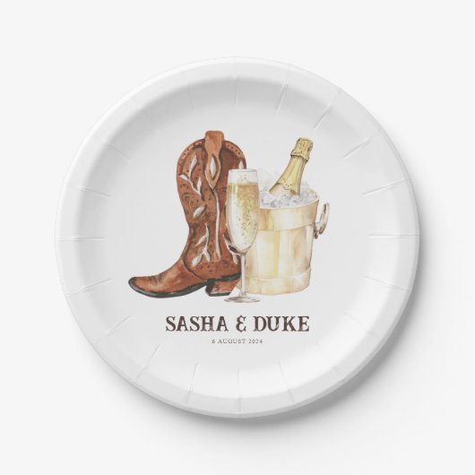 Stiefel & Bubbly Rustikales Western Brautparty Pappteller (Vorderseite)