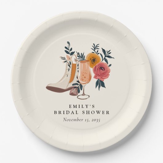 Stiefel & Bubbly Western Brautparty Pappteller (Vorderseite)