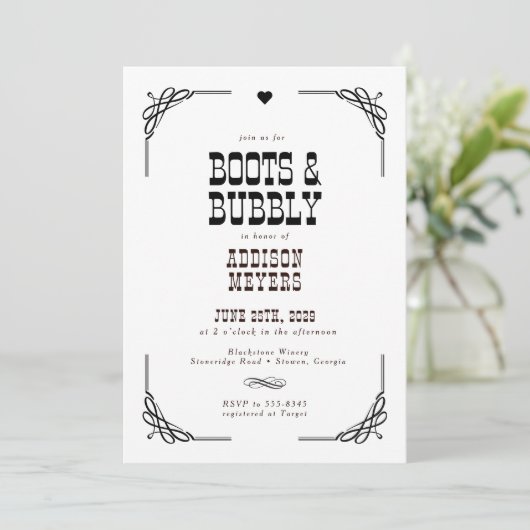 Stiefel & Bubbly Western Cowgirl Brautparty Einladung (Stehend Vorderseite)