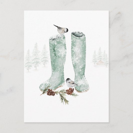 Stiefel & Chickadees Schnee Winterwaldlandschaft Postkarte (Vorderseite)