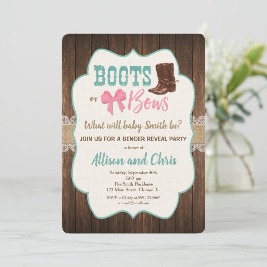 Stiefel oder Bogen Geschlecht offenbaren Einladung (Stehend Vorderseite)