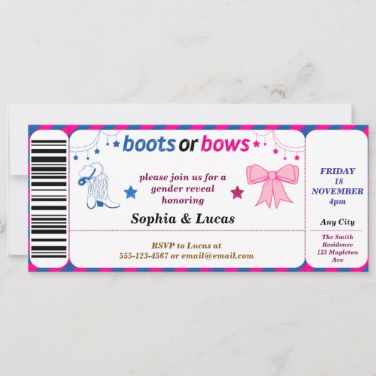 Stiefel oder Bogen Geschlecht zeigen Ticket Style Einladung (Vorderseite)