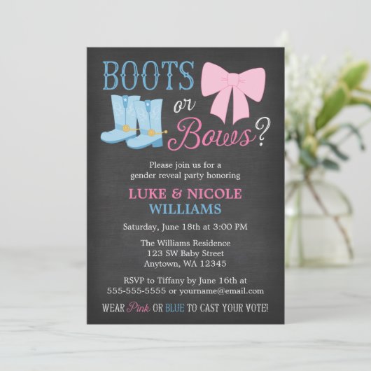 Stiefel oder Bows Gender Reveal Party Baby Shower Einladung (Stehend Vorderseite)