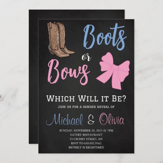 Stiefel oder Bows Gender Reveal Party Baby Shower Einladung (Vorne/Hinten)