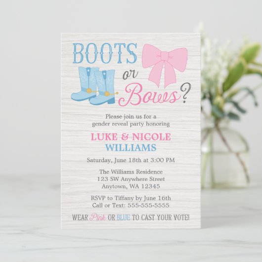 Stiefel oder Bows Gender Reveal Rustic Baby Shower Einladung (Stehend Vorderseite)