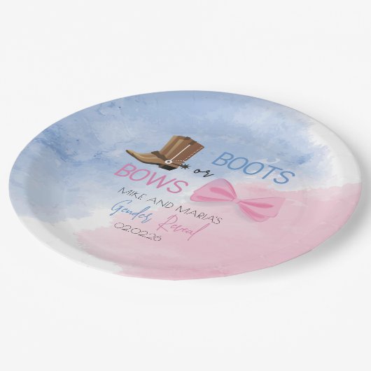 Stiefel oder Bows Geschlecht enthüllen Party-Telle Pappteller (Schrägansicht)
