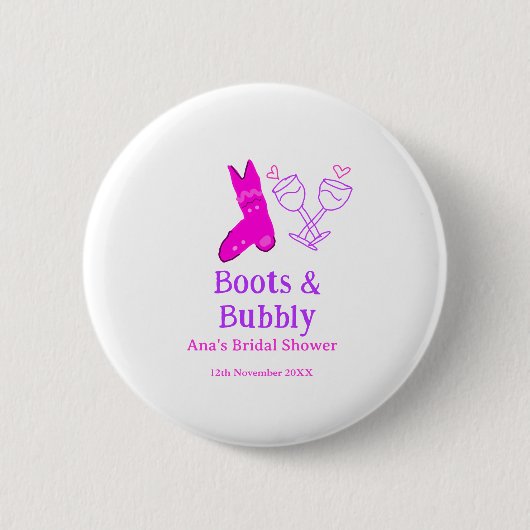 Stiefel & prickelnde Champagnerflasche Brautparty Button (Vorderseite)