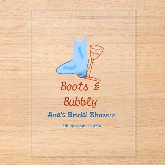 Stiefel & Sektflasche Brautparty blau Acryleinladungen (Vorderseite)