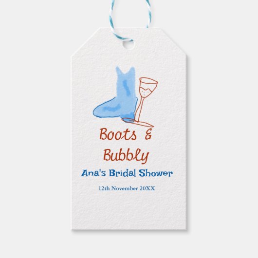 Stiefel & Sektflasche Brautparty blau Geschenkanhänger (Vorderseite)