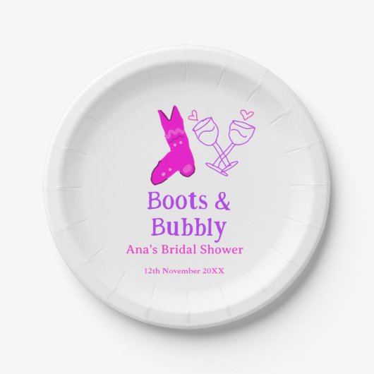 Stiefel & Sektflasche Brautparty pink Pappteller (Vorderseite)