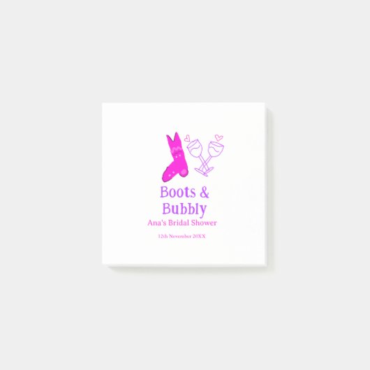 Stiefel & Sektflasche Brautparty pink Post-it Klebezettel (Vorderseite)