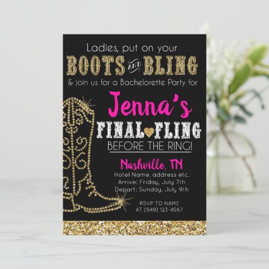Stiefel und Bling Country Western Nashville Party Einladung (Stehend Vorderseite)