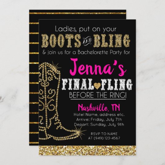 Stiefel und Bling Country Western Nashville Party Einladung (Vorne/Hinten)