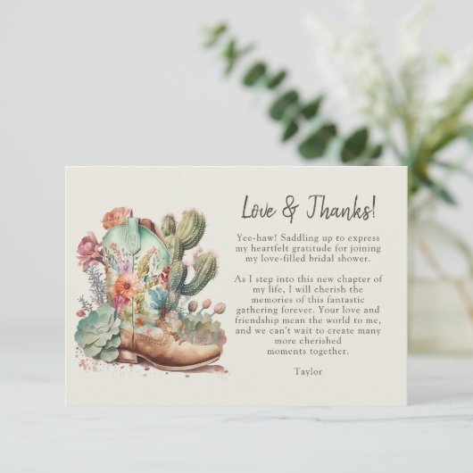 Stiefel und Blubbly Brautparty Danke Karte (Stehend Vorderseite)