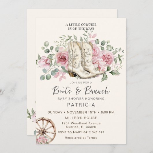 Stiefel und Brunch Pink Cowgirl Babydusche Einladung (Vorne/Hinten)