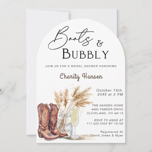 Stiefel und Bubbly Boho Pampas Grass Brautparty Einladung (Vorderseite)